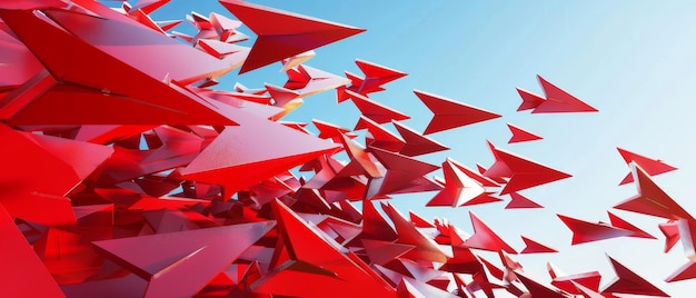 A multitude of vibrant red paper planes soar against a clear blue sky creating a dynamic and energetic scene