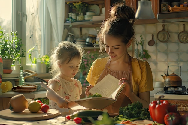 Mum stays with recipe book and preparing cooking with her daughter