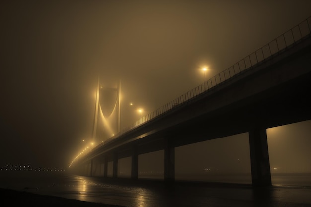 Mumbais Bandra Worli Sea Link at night with the bridge silhouetted in the fog