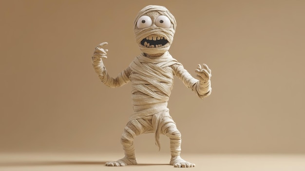 Photo mummy 3d cartoon character wrapped in bandages on beige background