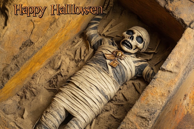 Photo mummys tomb collage images of a mummy emerging from an ancient tomb the text happy halloween