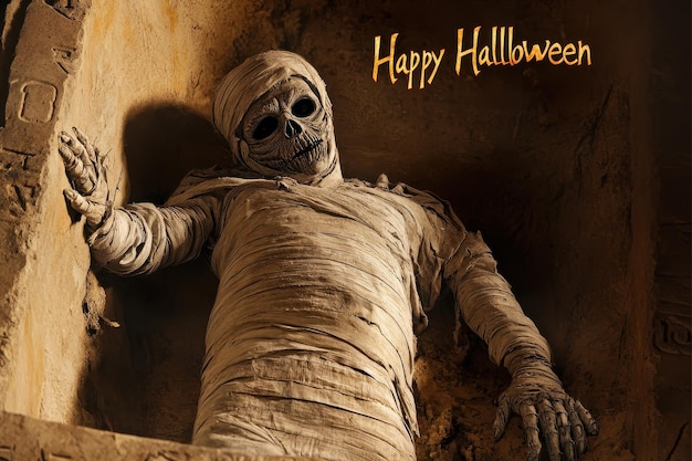 Photo mummys tomb collage images of a mummy emerging from an ancient tomb the text happy halloween