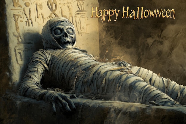 Photo mummys tomb collage images of a mummy emerging from an ancient tomb the text happy halloween