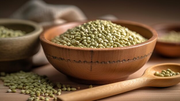 mung bean starch in wooden bowl with seeds