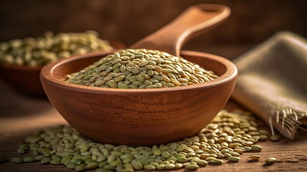 mung bean starch in wooden bowl with seeds