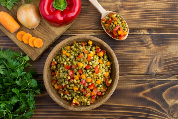 Mung beans with vegetables in bowl