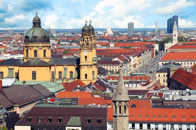 Munich city center view to old town roofs and spires