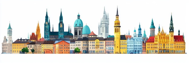 Munich Skyline Clipart A colorful illustration of iconic German architecture including church