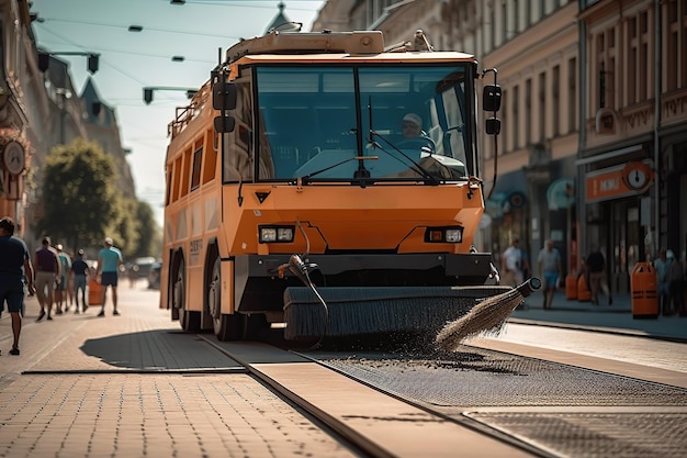 Municipal truck brushes of street cleaning machine Generative AI illustration