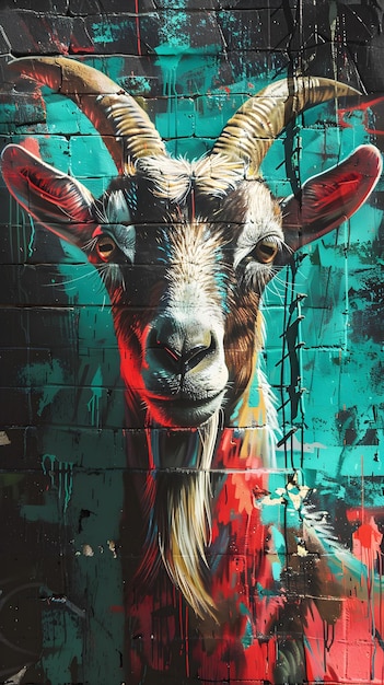 Mural art Goat head on graffiti background Street art Creative concept