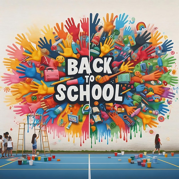 Photo a mural of children and a ladder with the words back to school written on it