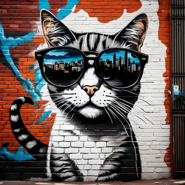 mural painting on a brick wall of stray cat wearing dark sunglasses downtown Johannesburg South Afr