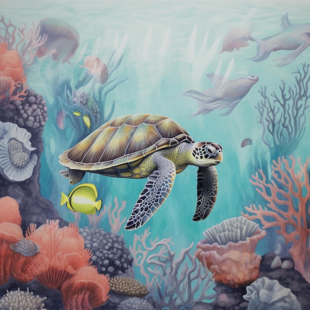 mural of a sea turtle and coral reef in retro style