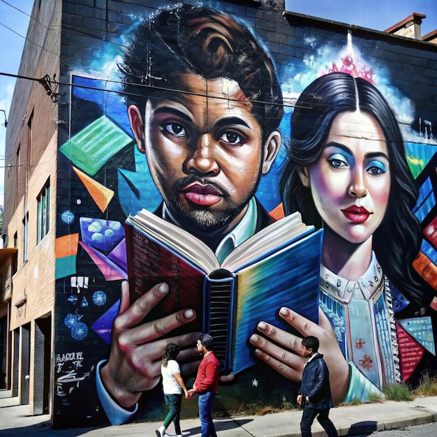 Photo a mural of two people reading a book called quot the same one called quot