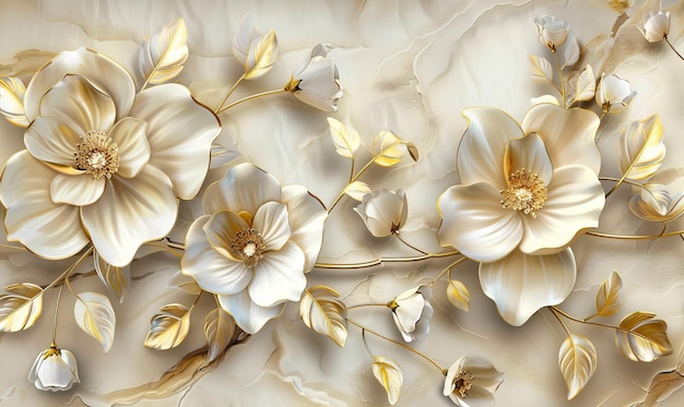 Mural wallpaper flowers in gold and cream colors 3D Mural wallpaper high quality AI generated image