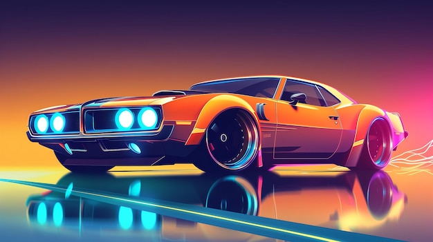 Muscle car in a cartoon cyber punk style