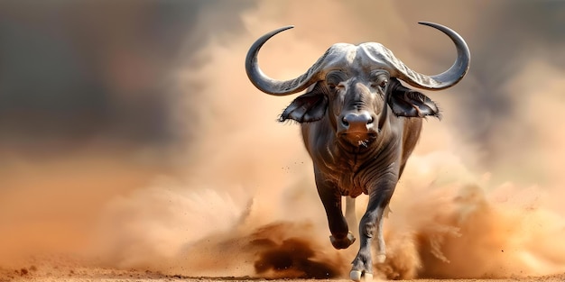 Muscular African buffalo with long horns running towards camera kicking up dust Concept Wildlife Photography African Buffalo Action Shot Nature Portrait Wildlife in Motion