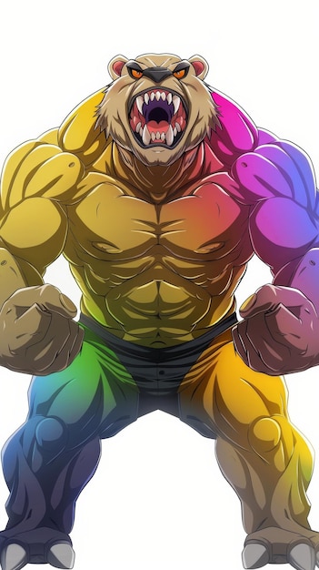 A Muscular Anthropomorphic Bear with Rainbow Colored Muscles and Shorts