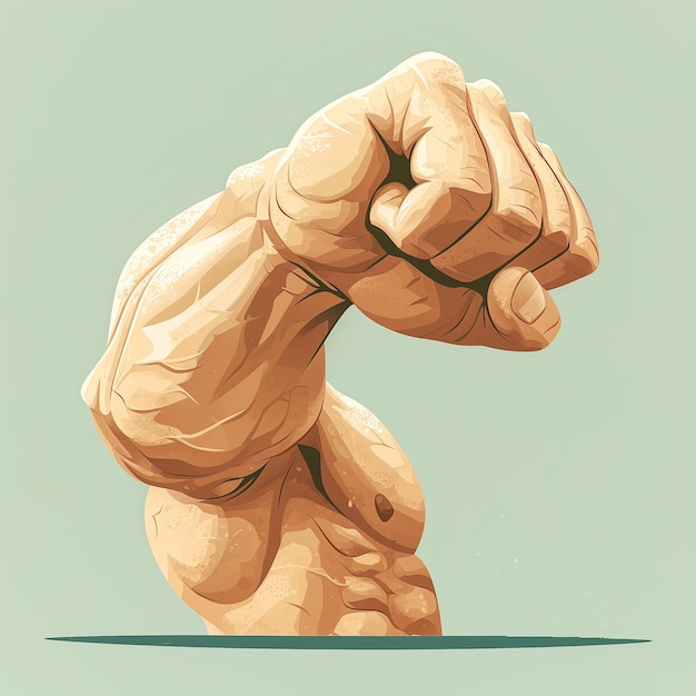 Photo a muscular arm with a clenched fist cartoon style light green background