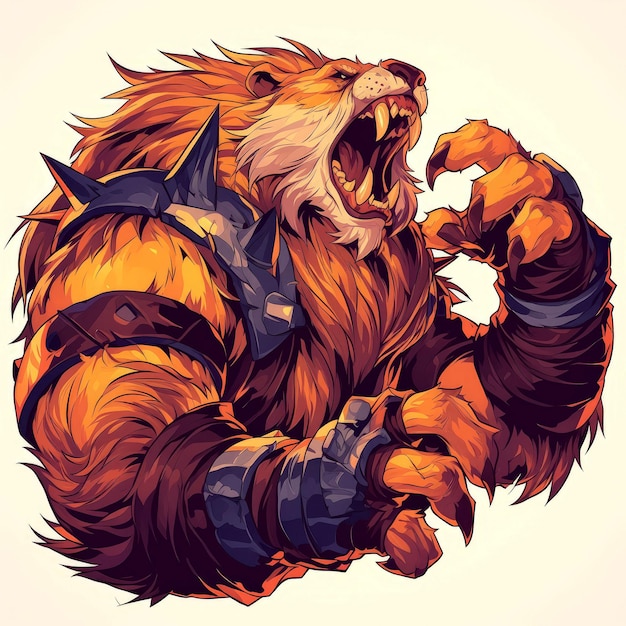 Photo a muscular armored lion roaring and clenching its claws