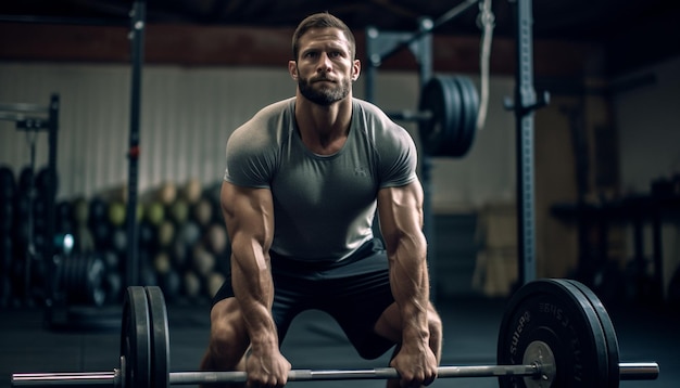 Muscular athlete exercising strength in gym for healthy lifestyle generated by AI