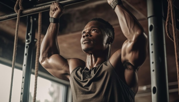 Muscular athlete exercising strength in health club gym generated by AI