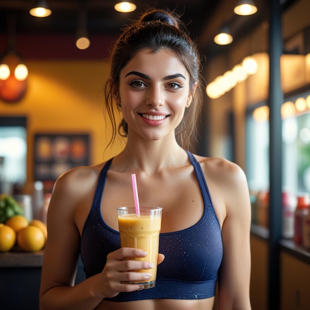 Muscular athletic woman in fitness clothing holding fruit smoothie smiling13