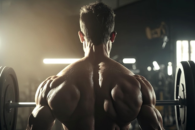 Muscular back of a male athlete bodybuilder exercising in the gym