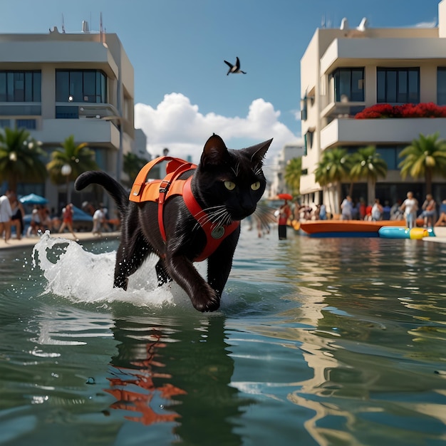 A muscular black cat hero clad in vibrant red swimming trunks dives to the rescue of a glamorous