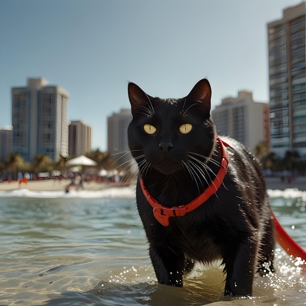 A muscular black cat hero clad in vibrant red swimming trunks dives to the rescue of a glamorous