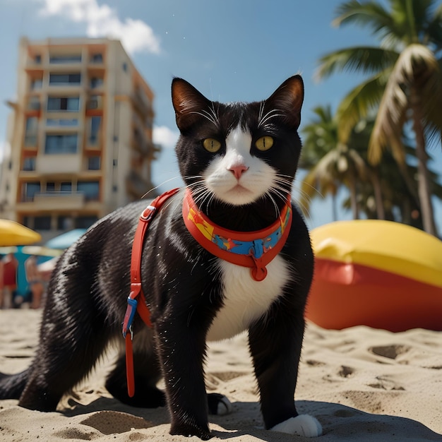 A muscular black cat hero clad in vibrant red swimming trunks dives to the rescue of a glamorous