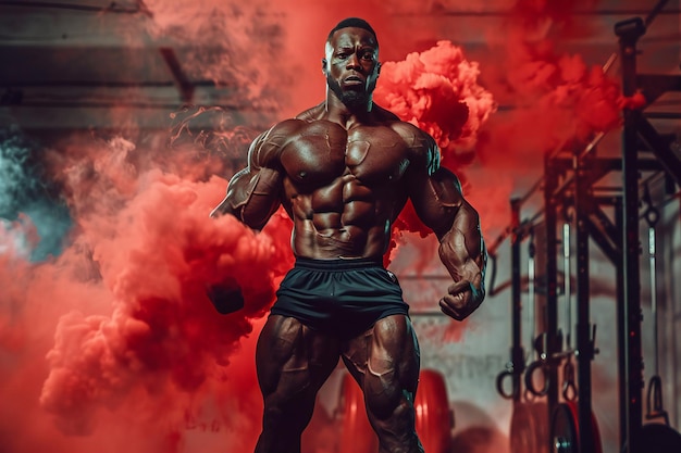 Muscular Bodybuilder in Intense Gym Session with Red Smoke Displaying Strength and Fitness Goals