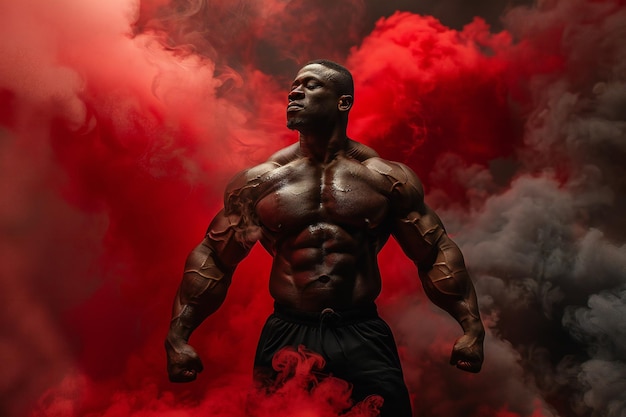 Muscular Bodybuilder in Intense Gym Session with Red Smoke Displaying Strength and Fitness Goals