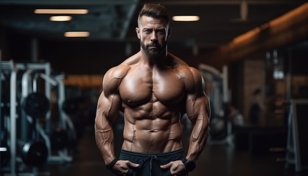 Muscular bodybuilder male athlete demonstrates her body in the gym Generative AI