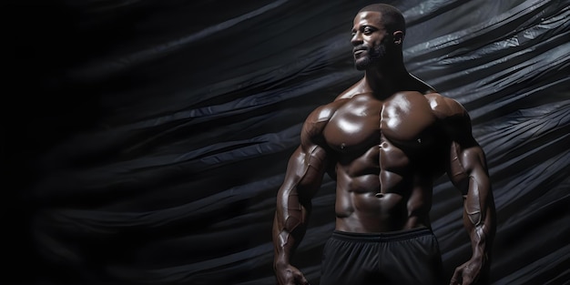 Muscular bodybuilder showcasing physique in banner on black background Concept Fitness Photoshoot Bodybuilding Muscular Physique Black Background Banner Display