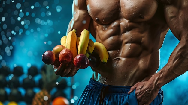 Muscular bodybuilder showing his six pack abs while holding fresh fruits after an intense workout session