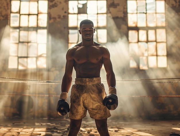 Photo muscular boxer stands in empty boxing ring ready to fight