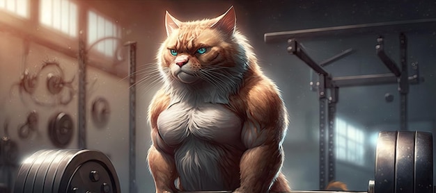 muscular cat athlete bodybuilder trains in the gym Generative AI illustration