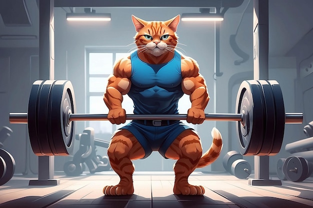 Photo muscular cat lifting barbell in gym