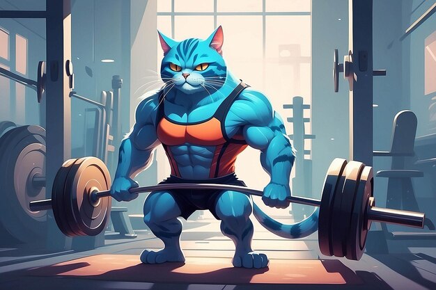 Photo muscular cat lifting barbell in gym