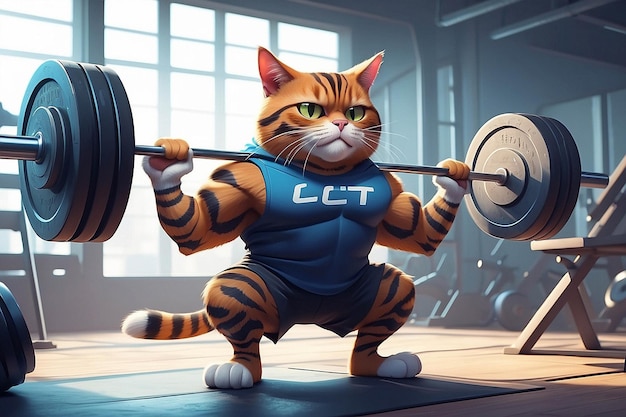 Photo muscular cat lifting barbell in gym