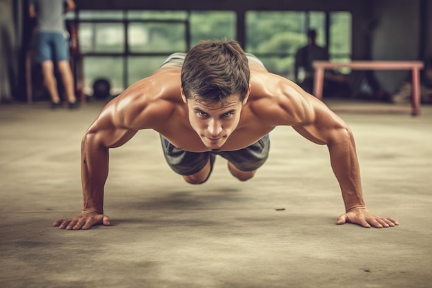 A muscular Caucasian man training performing the exercise 'pushups' in the gym without a shirt