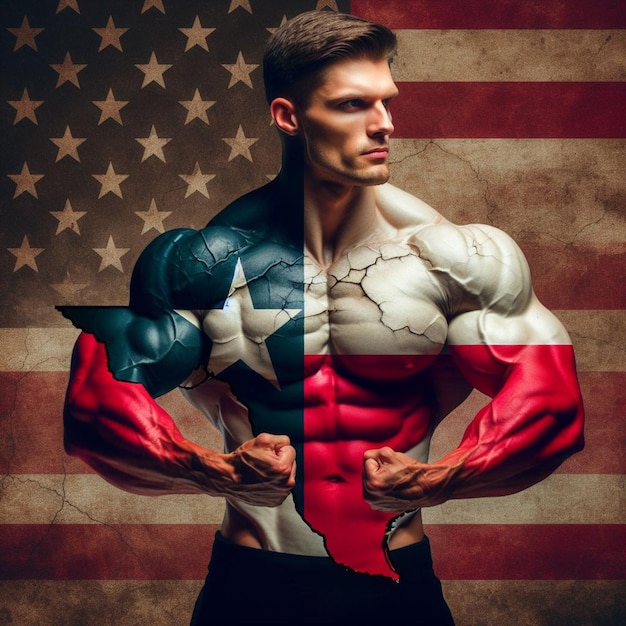 Photo muscular caucasian tattoed man embody patriotc american theme celebrate 4th july independence day