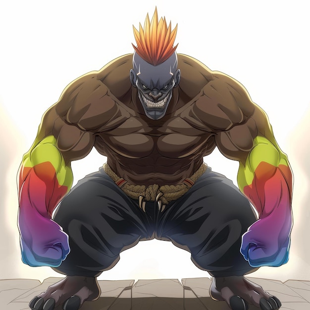 Muscular FieryHaired Figure With RainbowColored Gloves In A Fighting Stance