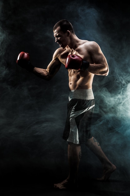 Muscular kickbox or muay thai fighter punching in smoke