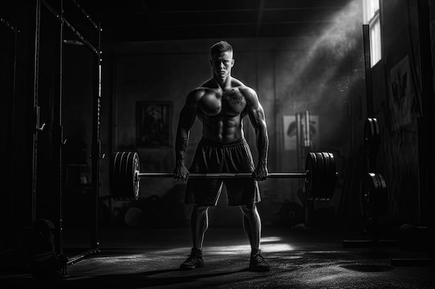 Muscular male athlete lifts a barbell in gym Generative AI illustration