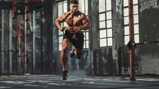 A muscular man in black shorts sprints through a gym showing his powerful physique and dedication to fitness