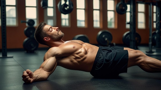 Photo muscular man doing abs exercise gym workout photos bodybuilder execute exercise with weight in gym