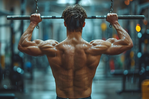 Muscular man doing pullups at a gym showcasing strength and fitness with a blurred background