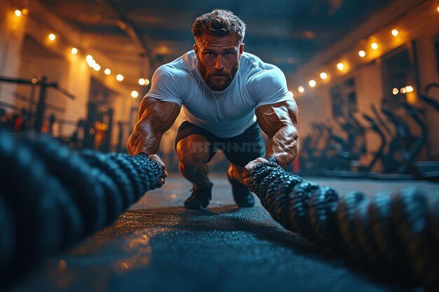 Muscular man doing a rope exercise in a gym